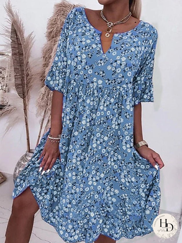 Casual Dress Floral Dress Summer Dress Floral Ditsy Floral Print Split Neck Midi Dress Active Fashion Daily Holiday Half Sleeve Loose Fit Pink Blue Gray Summer Spring S M L XL XXL for Women
