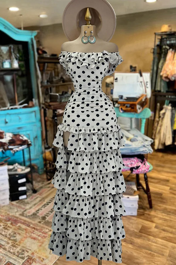 Polka Dot Off Shoulder Layered Ruffled Slit Dress