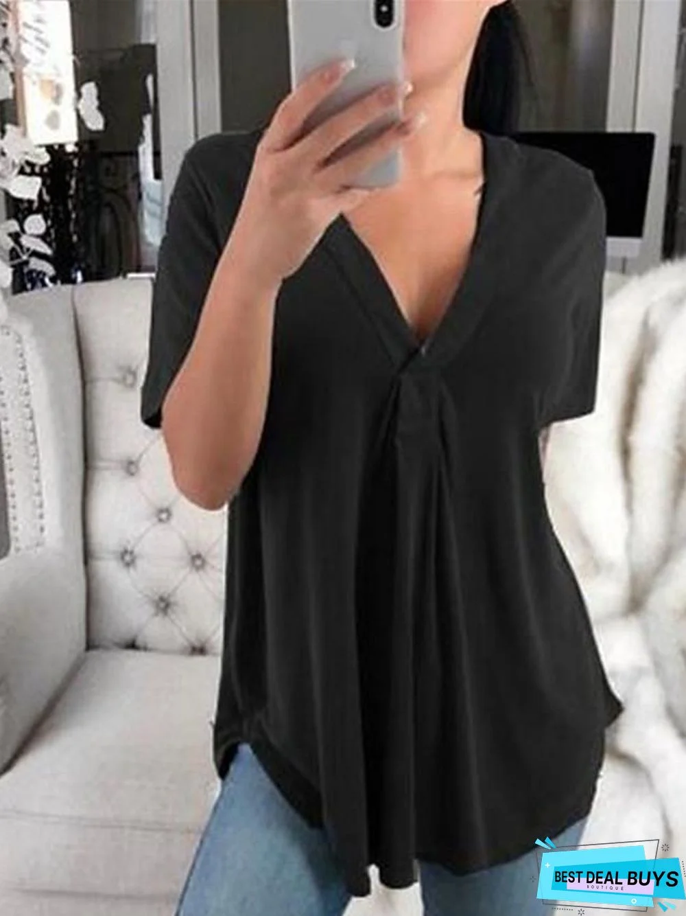 Women's T-Shirt Solid Colored Plain V Neck Tops Loose Basic Top White Black Purple-0203827
