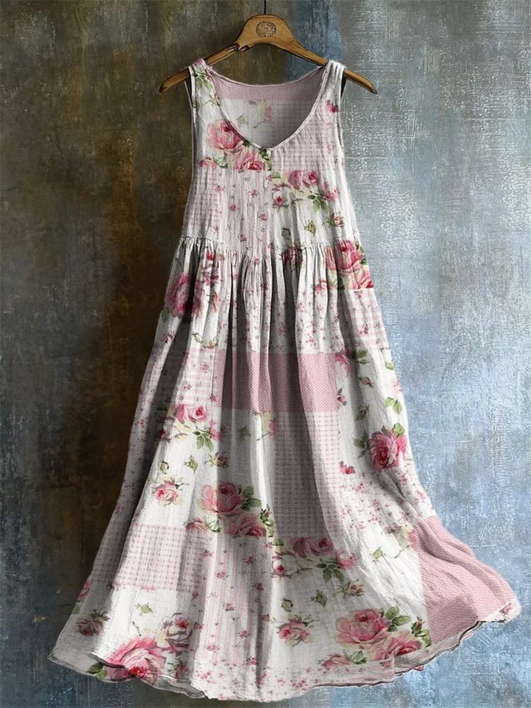 Vintage Cottagecore Floral Patchwork Linen Tank Dress