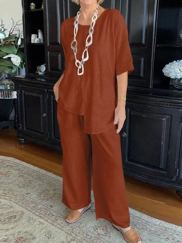 Women's Casual Cotton Linen Short Sleeve Top and Wide Leg Pants Set