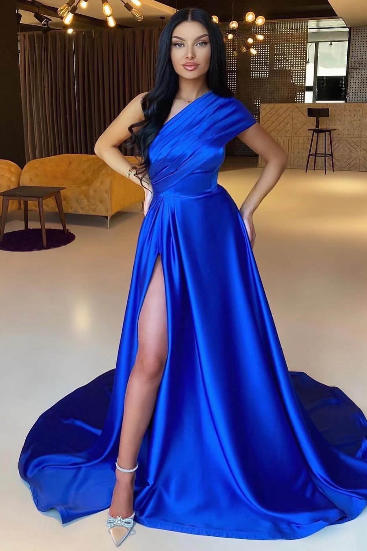 Daisda One Shoulder Royal Blue Prom Dress A Line With Split