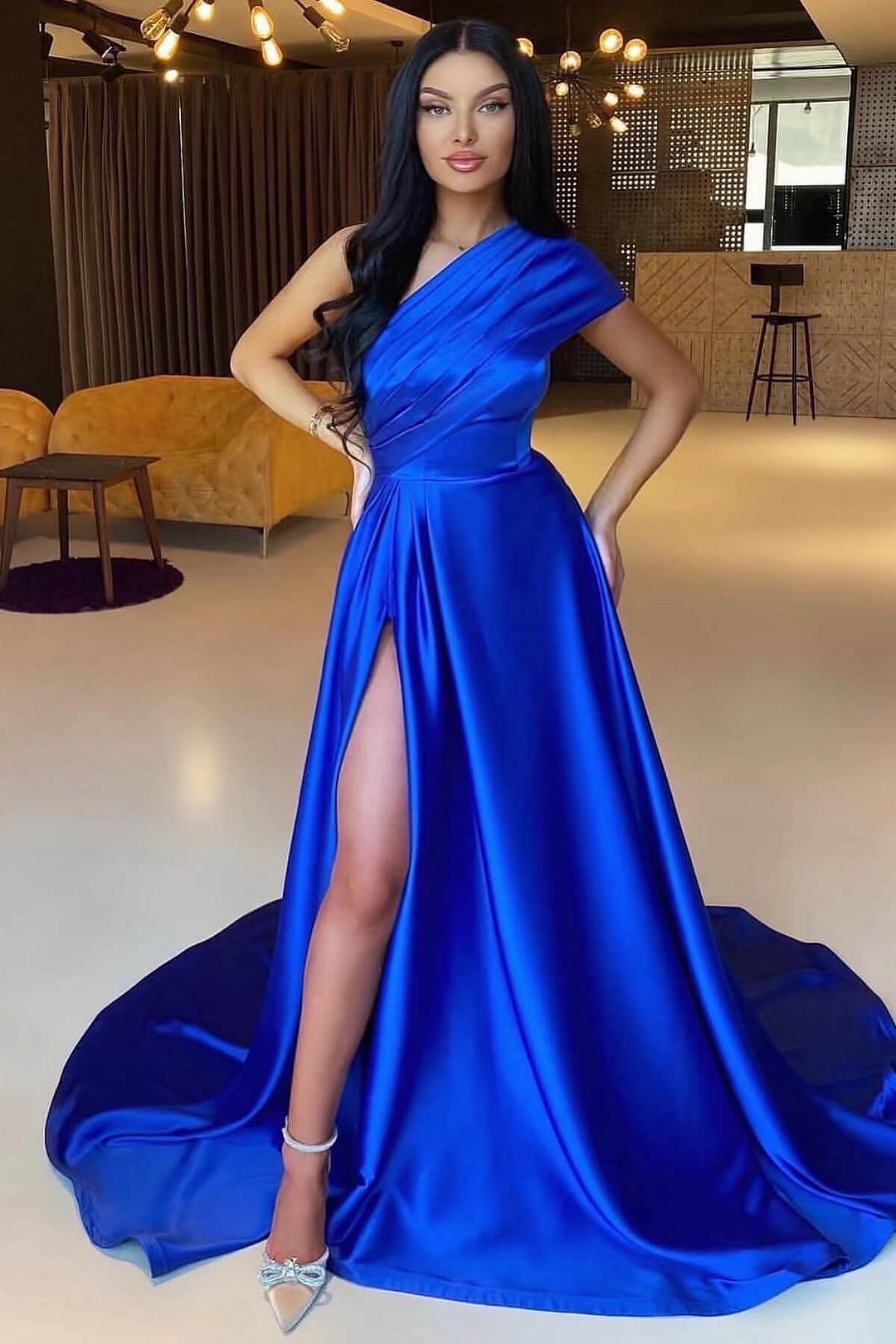 Royal Blue One Shoulder Prom Dress A Line With Split ED0139