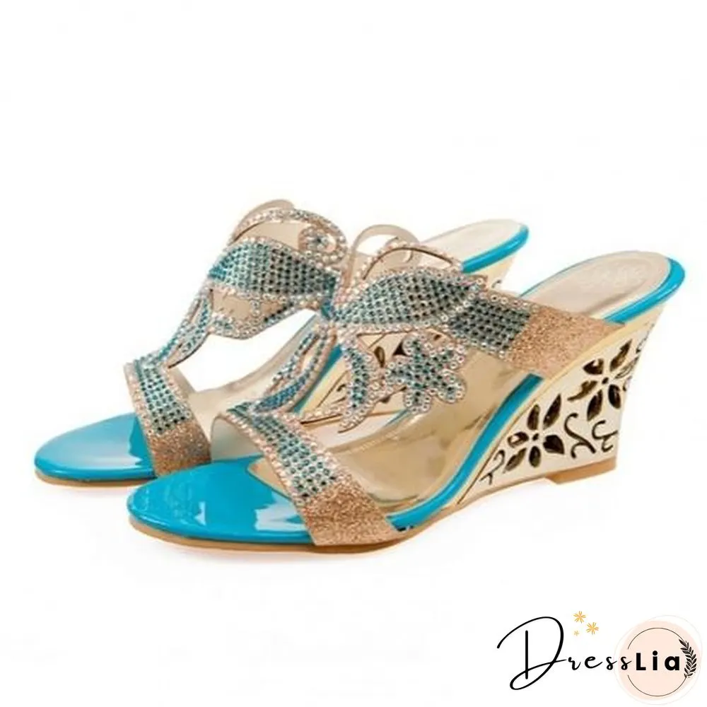Women Rhinestone Sandals Crystals Cutout Wedge High Heel Open Toe Platform Sandals