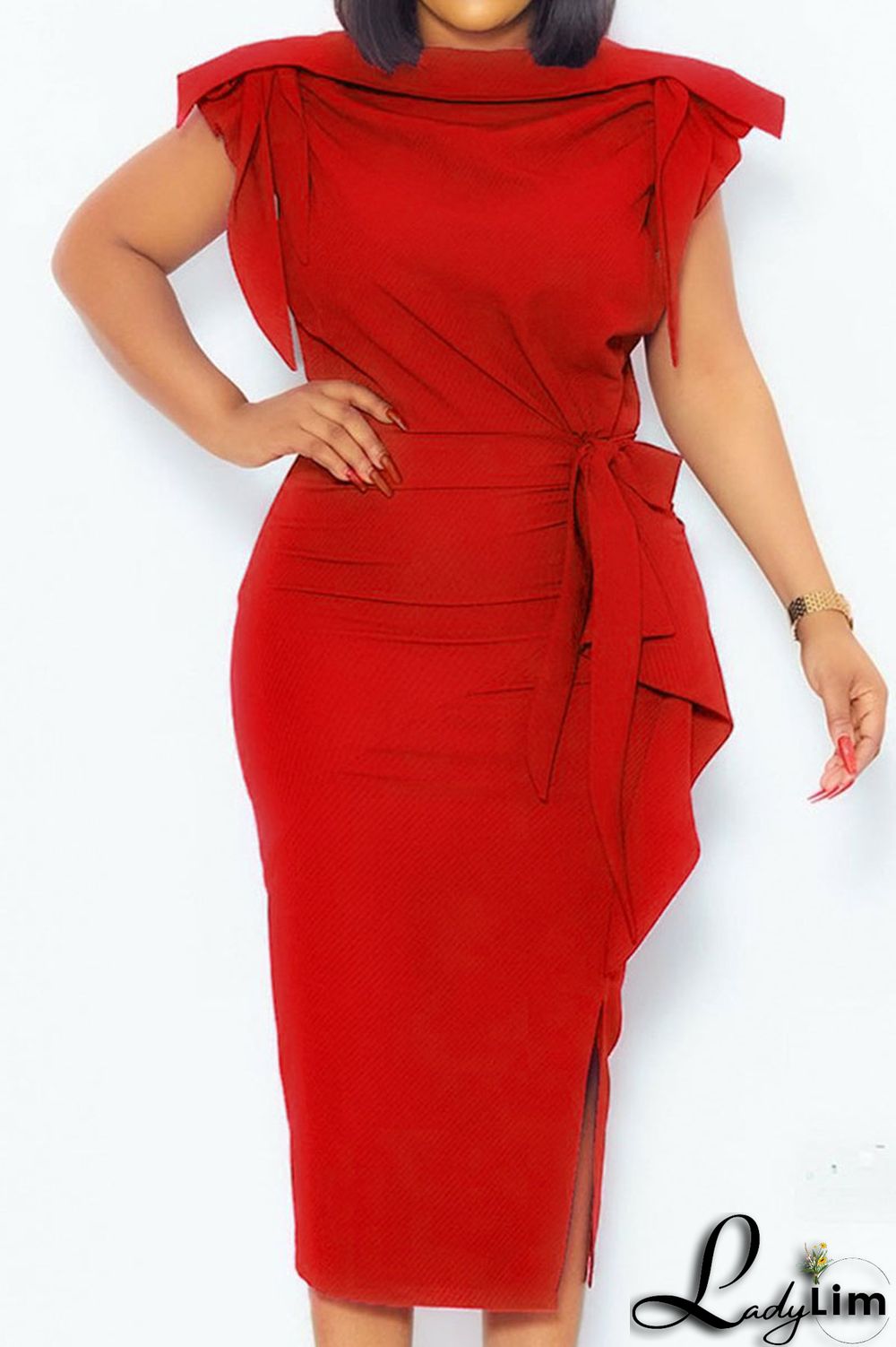 Red Casual Work Solid Patchwork Flounce Slit O Neck Dresses