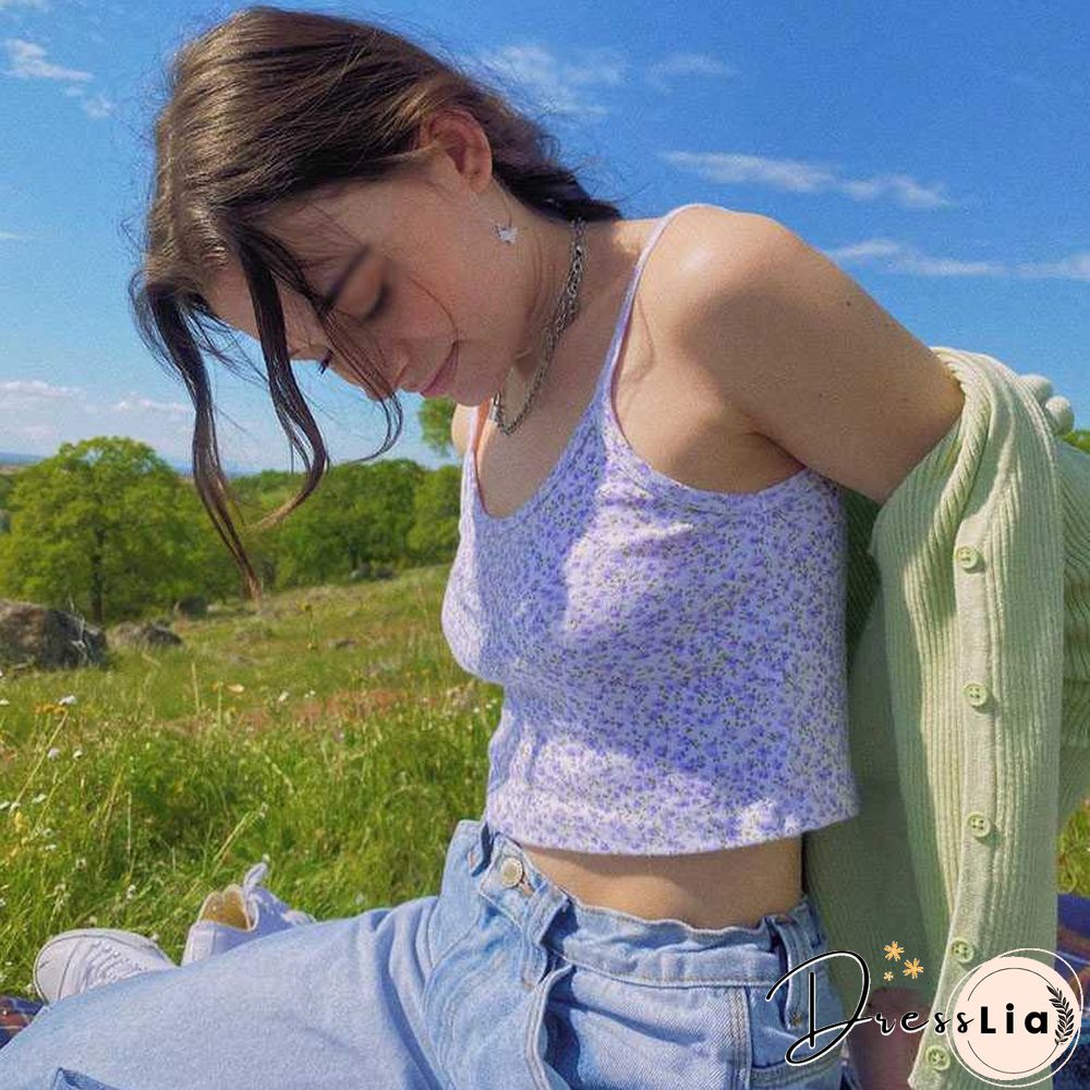 Ribbed Knit Flower Prints Cropped Cami Tops Lace Trim Tank