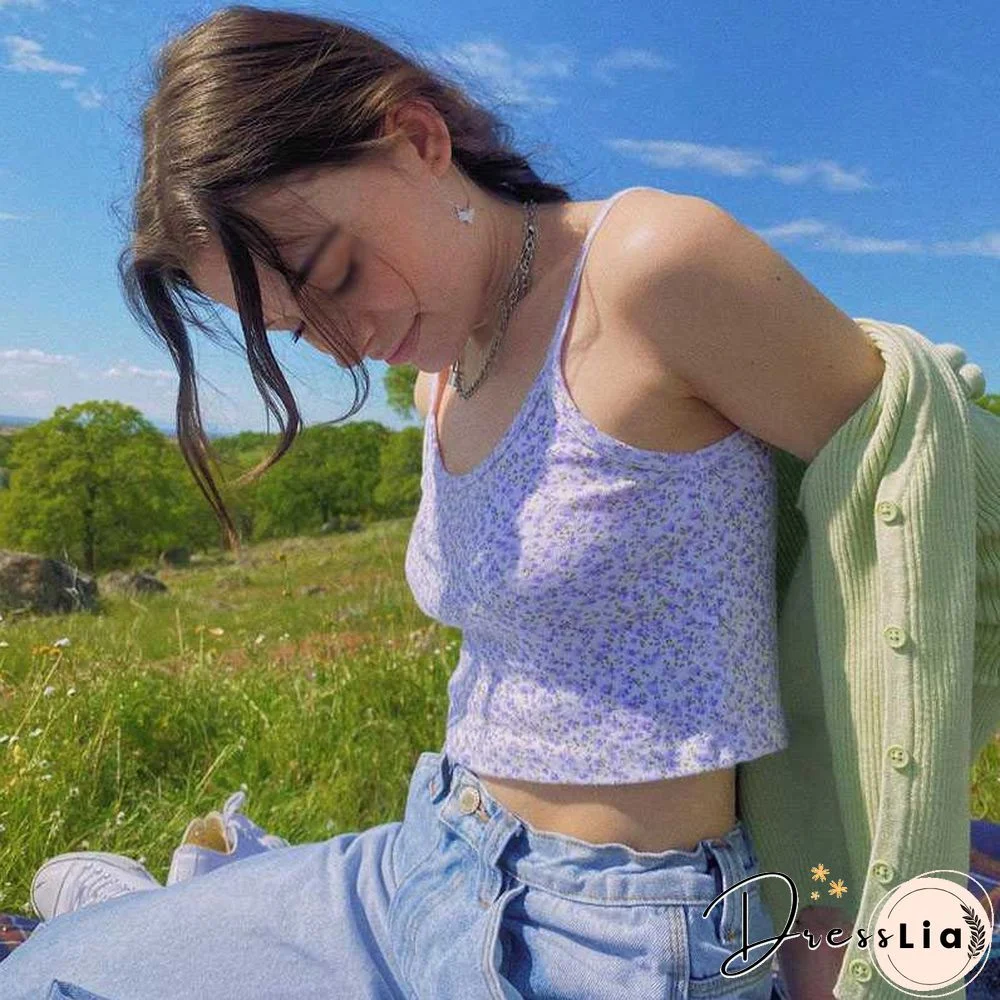 Ribbed Knit Flower Prints Cropped Cami Tops Lace Trim Tank