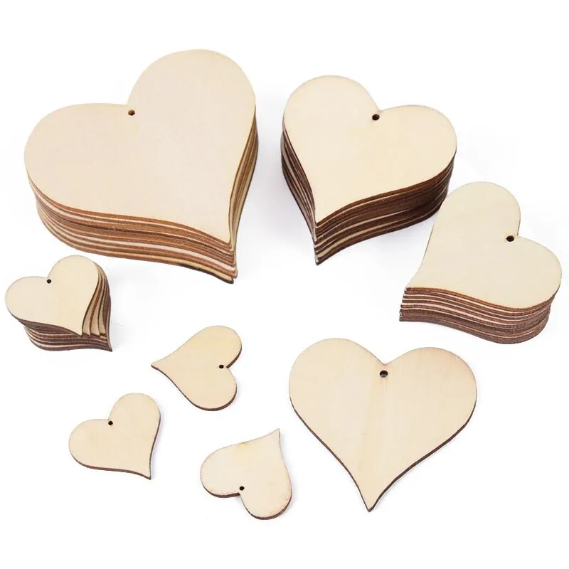 Wooden Love Heart Hanging Ornaments Natural Unfinished Wood Slices Rustic Wedding Party Decorations Home DIY Craft Scrapbooking