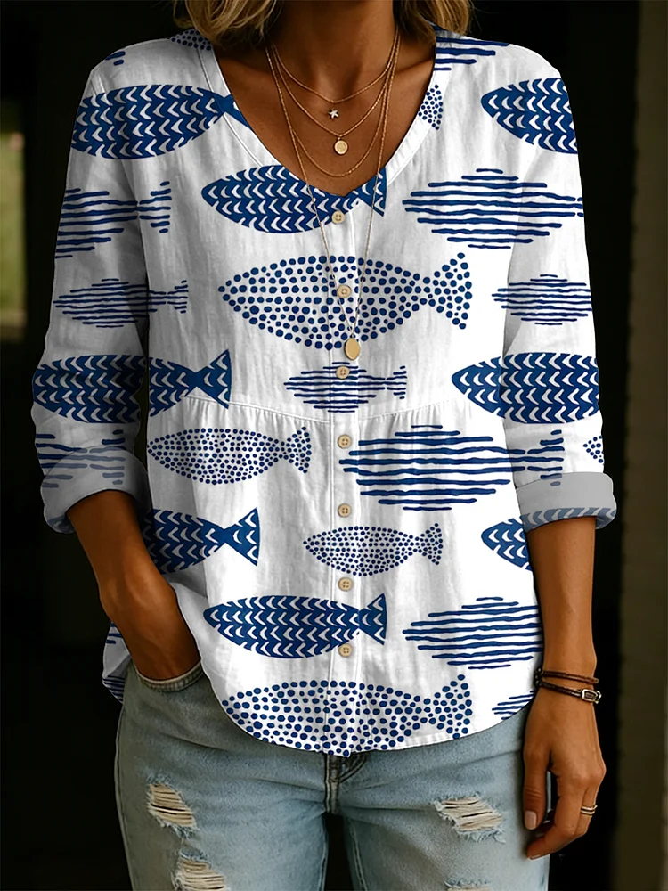 Women's Fish Decorative Pattern Linen And Cotton Shirt