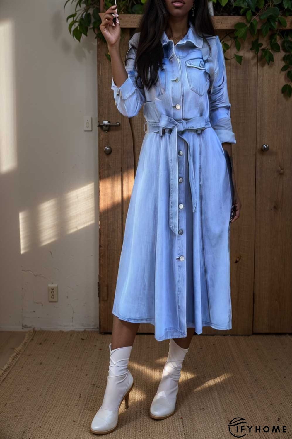 pocket lapel belted long sleeve denim dress | IFYHOME