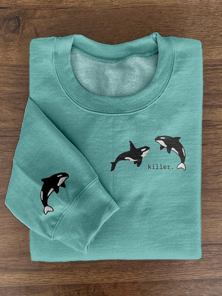 Killer Whale Embroidered Art Crew Neck Cozy Sweatshirt