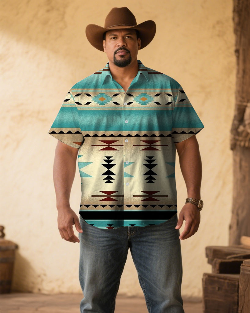 Men's Plus Size Western Denim Floral Print Short Sleeve Shirt