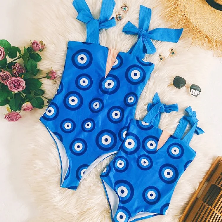 Flaxmaker Tie-detailed Evil Eye Mom and Girl Sexy One Piece Swimsuit
