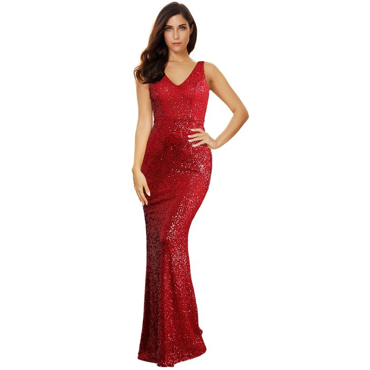 Maxi Sequin Long Party Dress In Red SE730