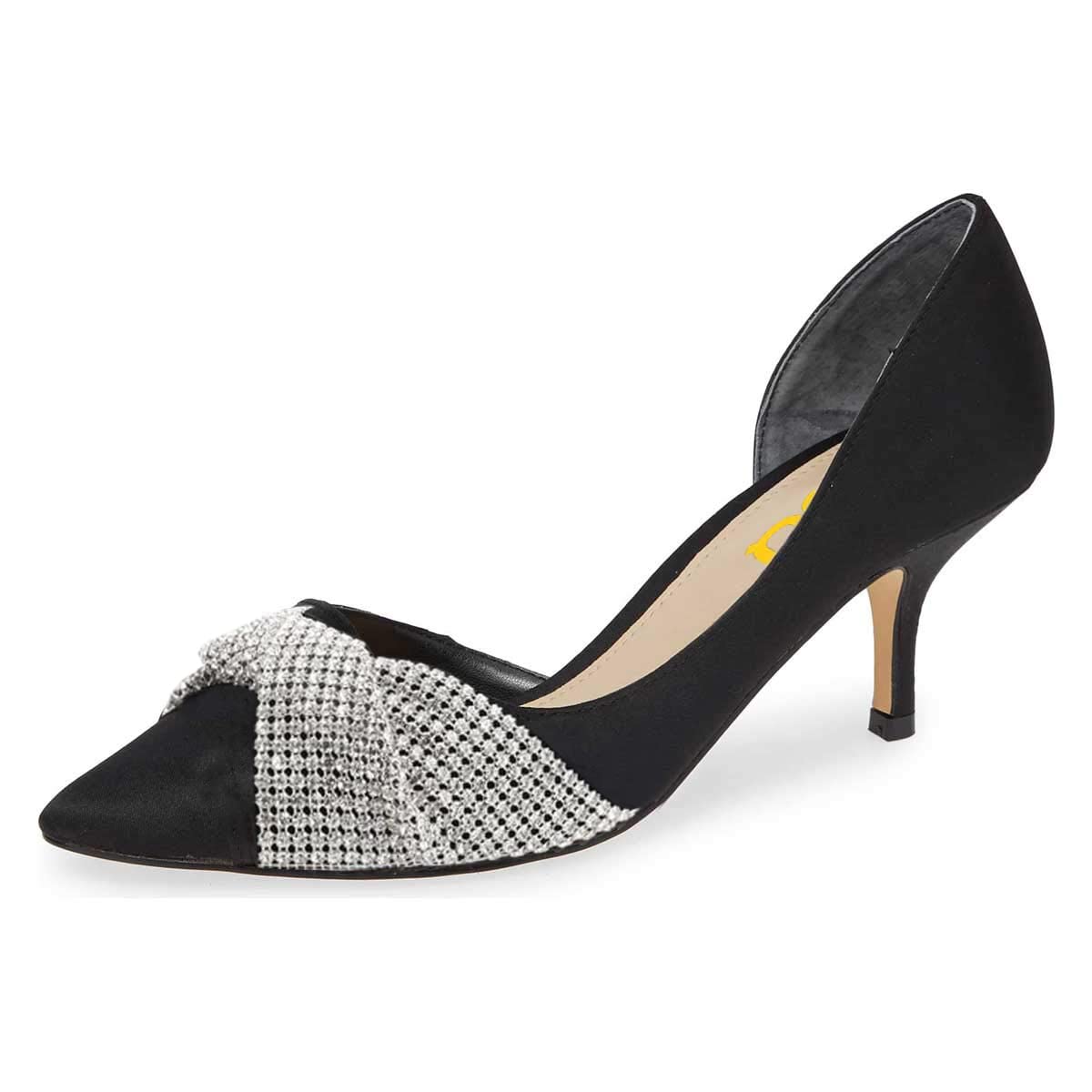 Black Faux Suede Pointed Toe Kitten Heel Rhinestone Embellished Pumps Nicepairs