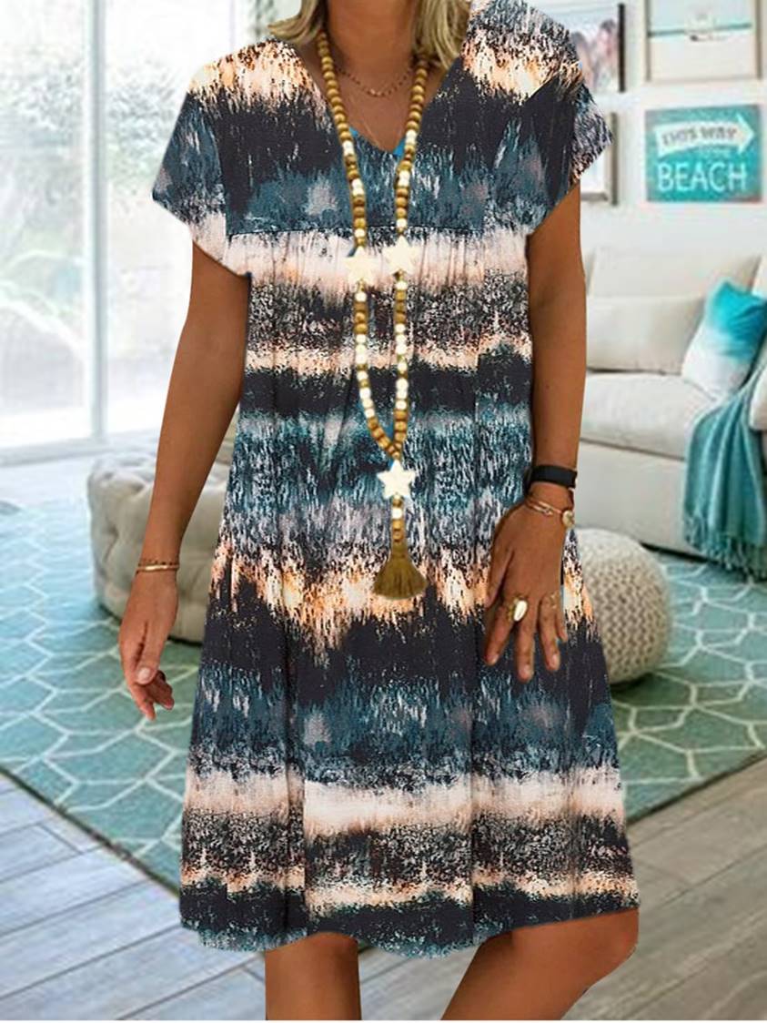 Women Half Sleeve V-neck Solid Color Dress