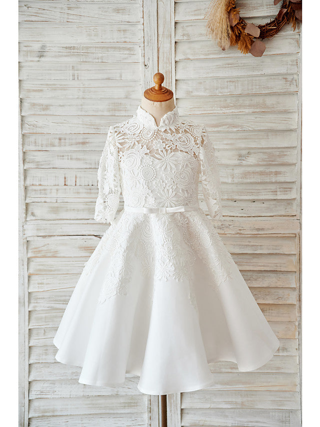 Oknass Ball Gown Long Sleeve High Neck Flower Girl Dresses Lace Tulle With Bows Sash Ribbon