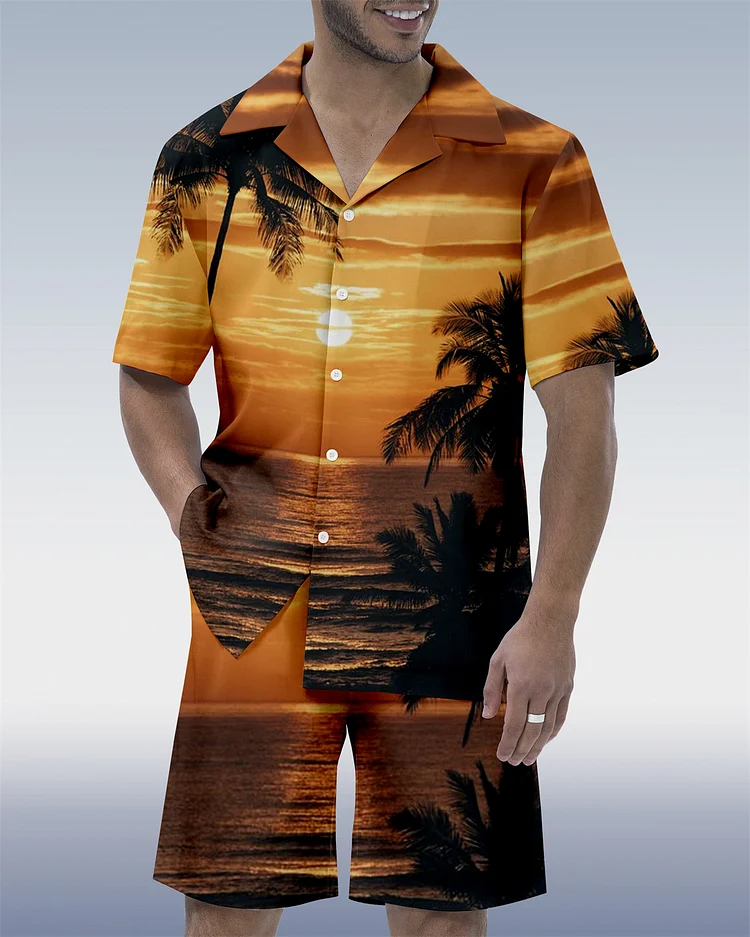 Men's Casual Vacation Hawaiian Cuban Collar Short Sleeve Shirt Set