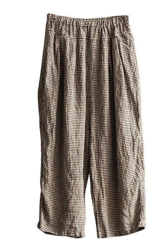 Lovely Black White Grid Wide-legged Pants Linen Casual Trousers K107B