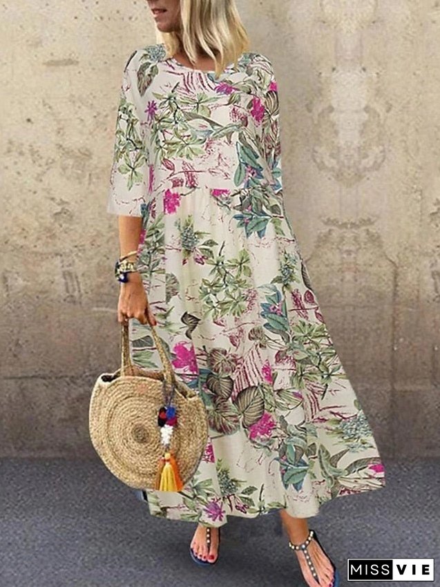 Women's Shift Dress Maxi Long Dress Red Navy Blue Yellow Half Sleeve Floral Print Spring Summer Round Neck Casual