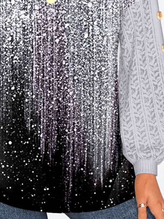 Women Long Sleeve Scoop Neck Polka Dot Printed Graphic Button Lace Tops