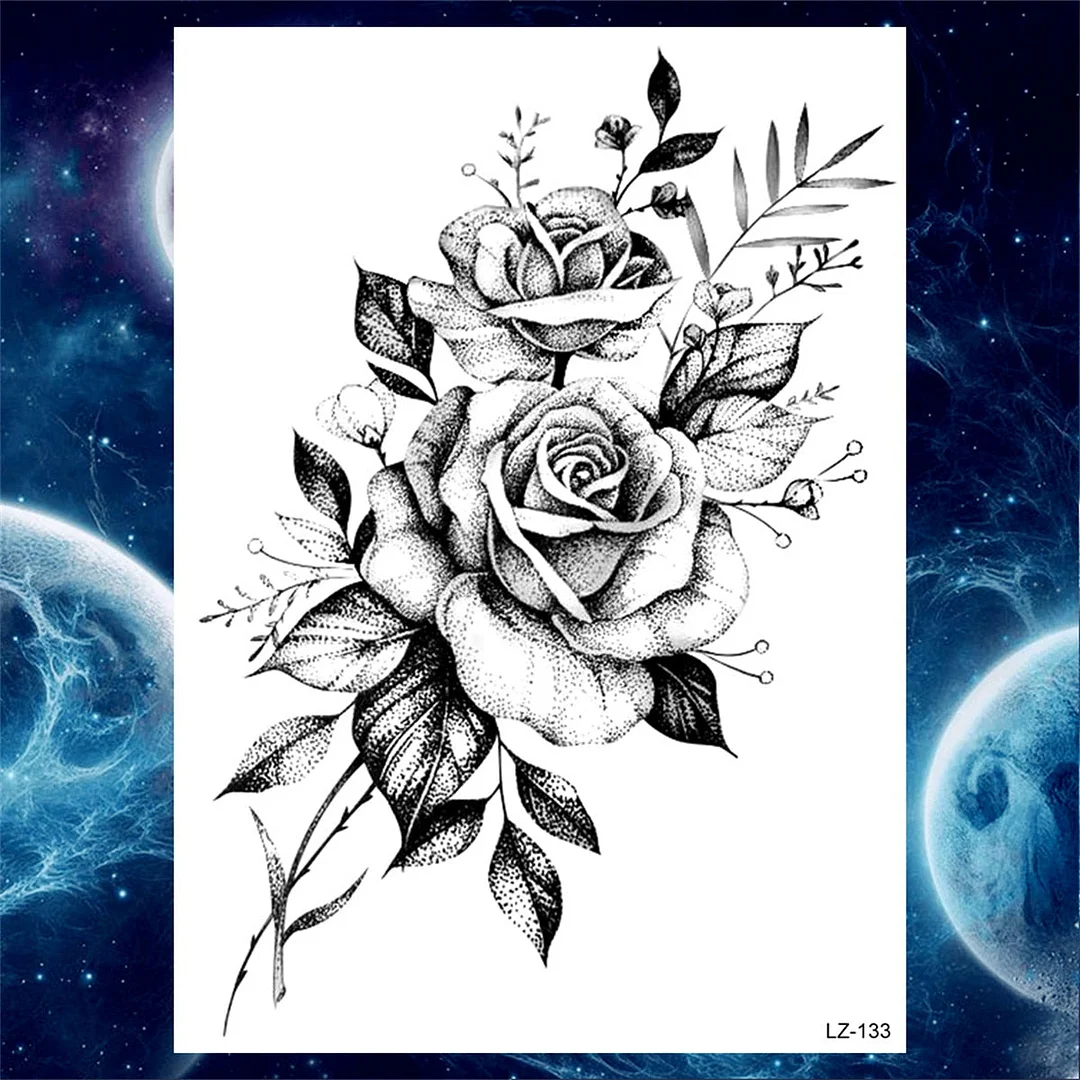 Large 3D Rose Flower Temporary Tattoos For Women Men Adults Death Skull Tattoo Sticker Peony Dahlia Black Fake Tatoos Forearm