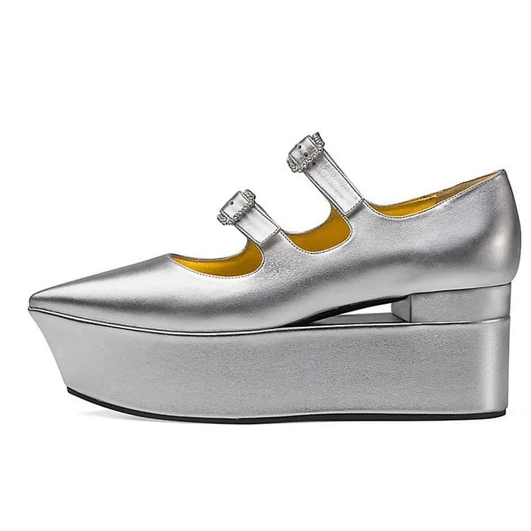 Silver Mary Jane Buckles Platform Heel Pumps |FSJ Shoes