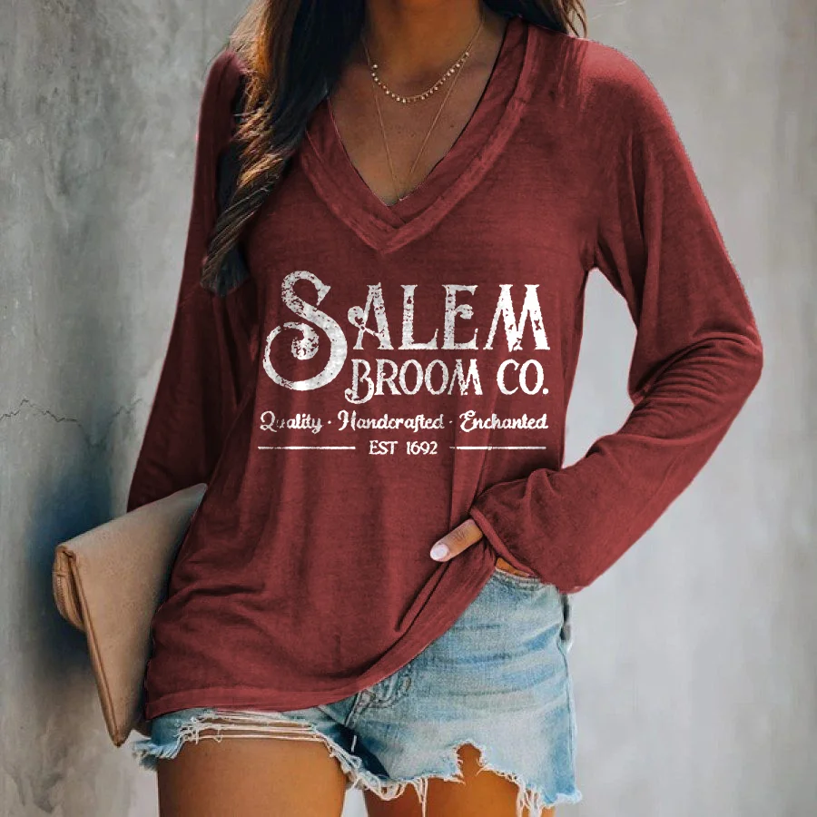 Salem Broom Printed V-neck Long Sleeve T-shirt