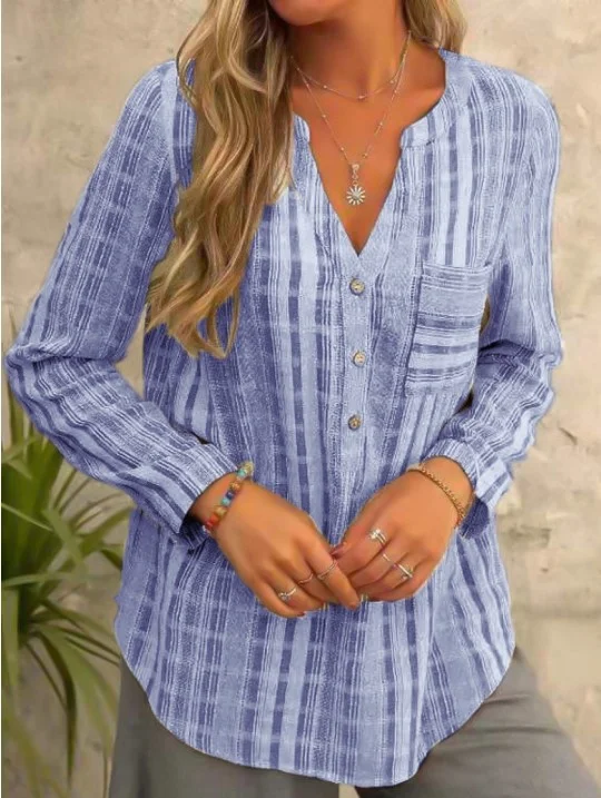 Casual Cotton and Linen Striped Loose V-neck Long-sleeved Top
