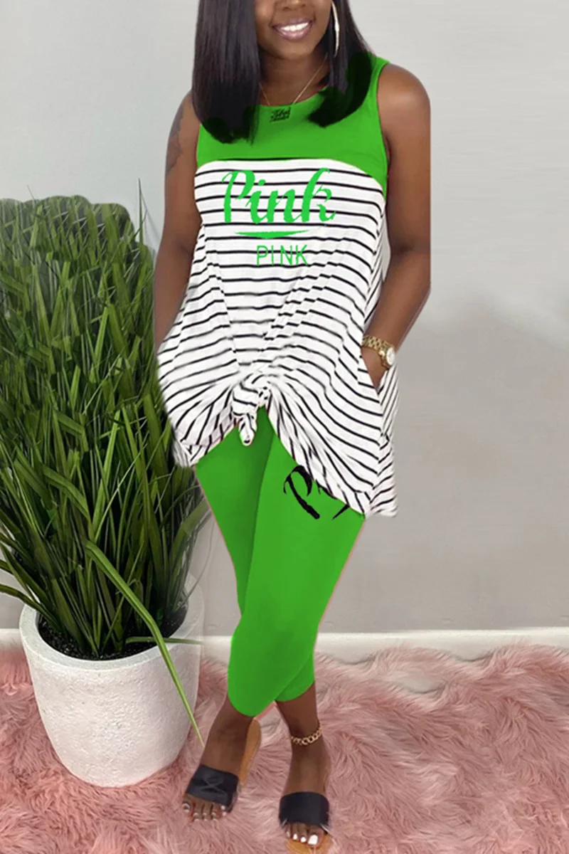 Green Fashion Casual Striped Letters Printing Sleeveless Set | EGEMISS