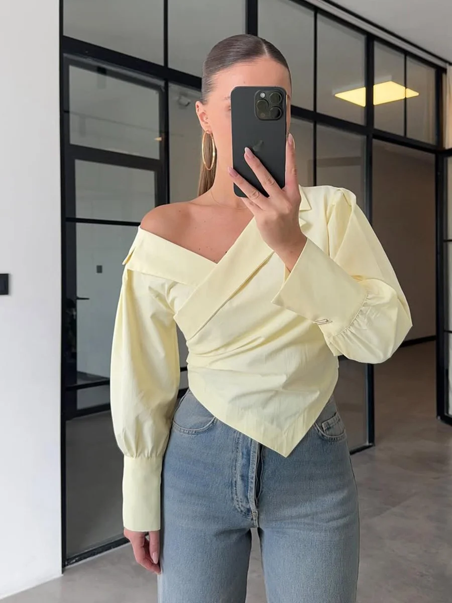 Athvotar Athvotar High-End Light Luxury Summer Solid-Colored Shoulder Collar Lantern Cuffs Waist Design Long-Sleeved Shirt