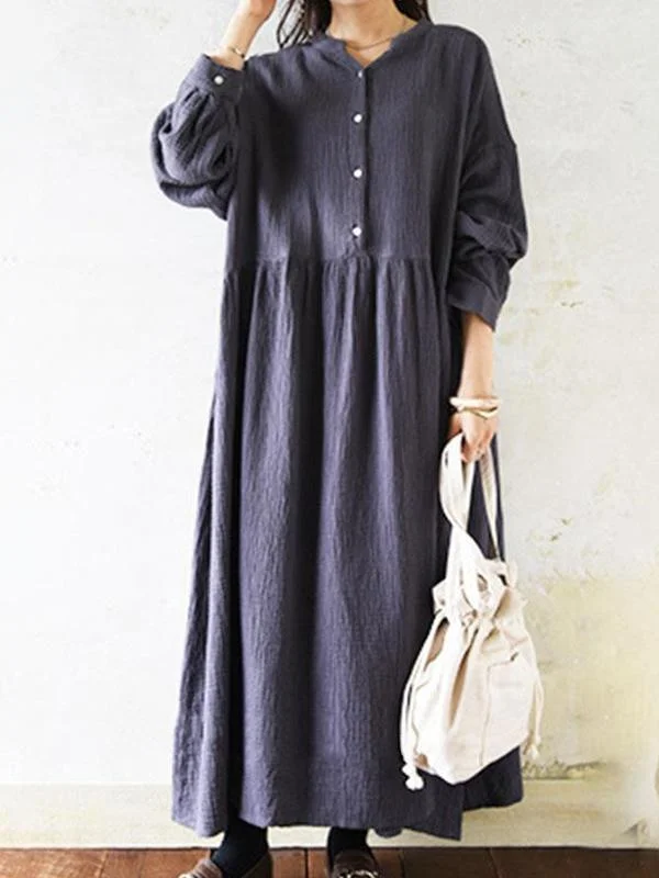 Ladies solid color retro cotton and linen loose dress-Mayoulove