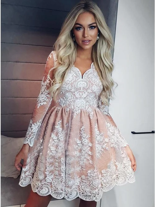 Elegant Long Sleeve Short Lace PromHomecoming Under 200