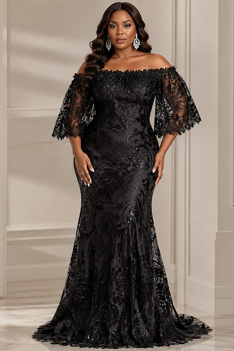 Xpluswear Design Plus Size Formal Black Off The Shoulder Flare Short Sleeve See Through Bodycon Lace Maxi Dresses [Pre-Order] 2024 - Xpluswear