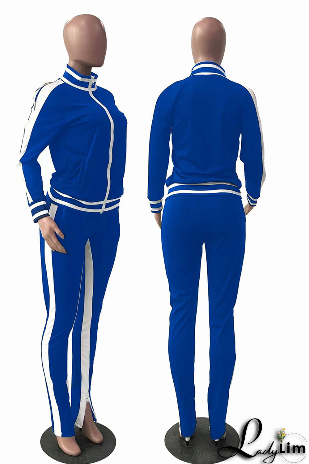 Black Yellow Casual Print Slit Zipper Collar Long Sleeve Two Pieces