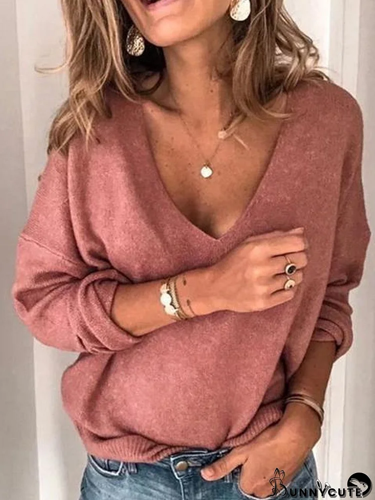 Solid Color Loose V-neck Knit Sweater