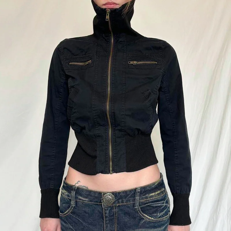 Ueong Waist Shows The Thin Zipper Cardigan Woven High-Collar Solid Color Coat Women's Simple Overalls Style Spicy Girls' Blouse