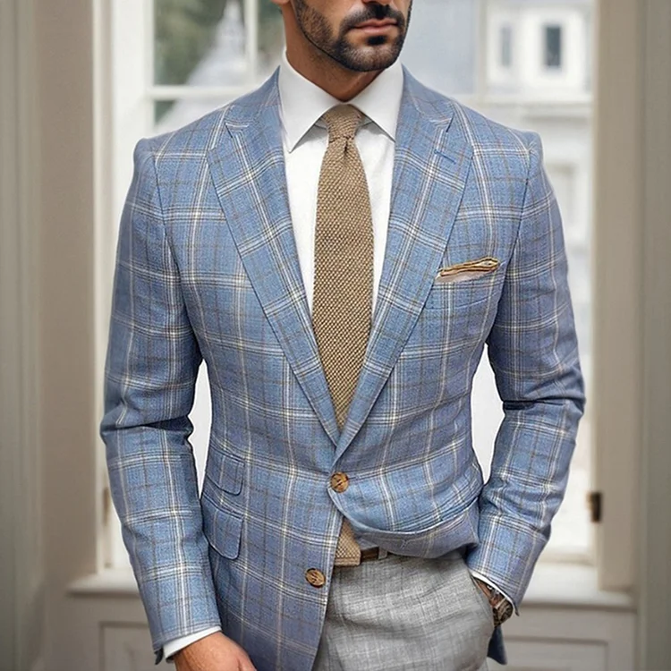 Men's Plaid Notch Lapel Collar Long Sleeve Gray Jacket Blazer [Pre-Order] 