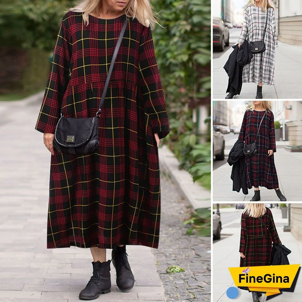 ZANZEA Women Casual Round Neck Plaid Loose Dress