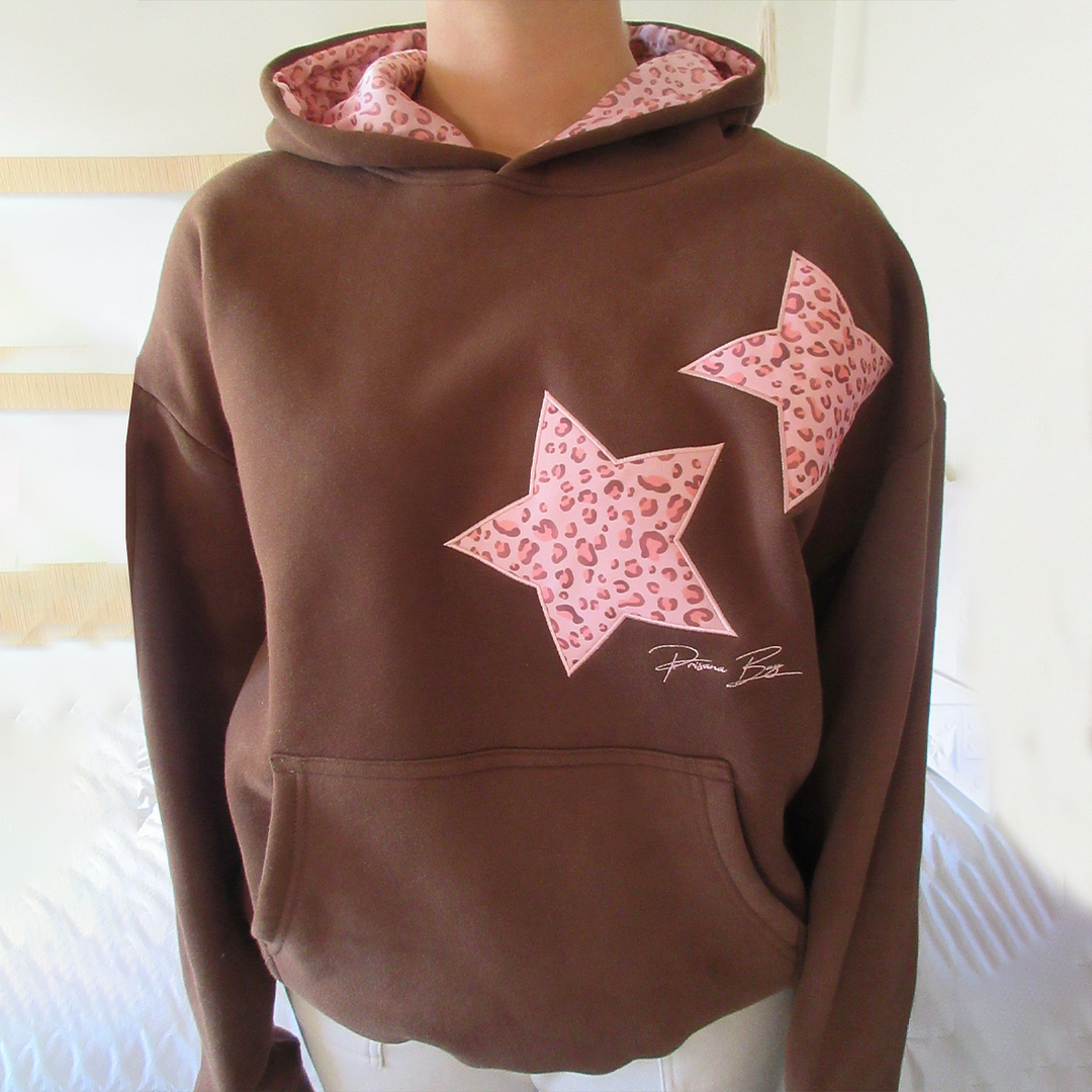 Women's Cocoa Brown Leopard Print Long Sleeve Minimalist Casual Daily Wear Loose Hoodie