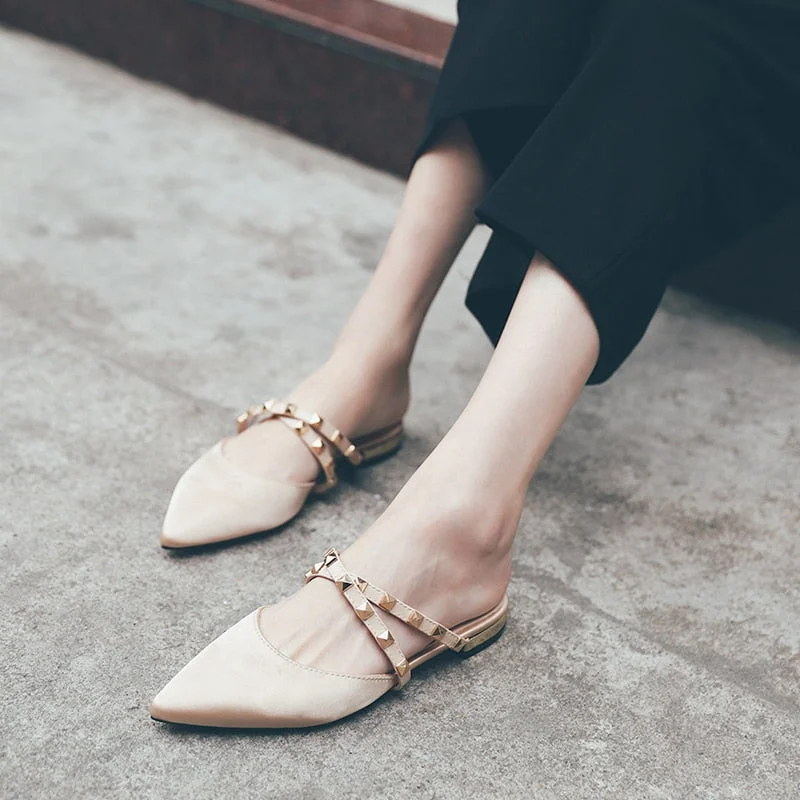 Women Slippers High Quality Muller Shoes Elegant Temperament  2021 New  Rivets Design Female Office Black Casual  Women Shoes