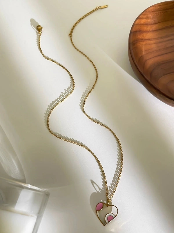 Sweet Heart Shape 316L Stainless Steel  Enamel Hollow Out Pendant Necklace