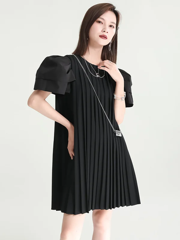 Urban Puff Sleeves Split-Joint Black Pleated Mini Dress