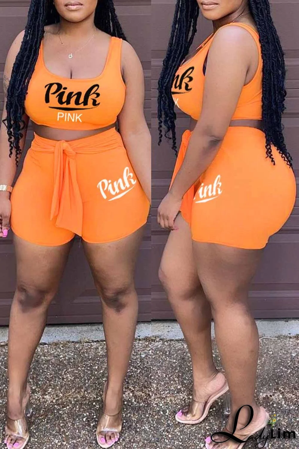 Light Purple Fashion Casual Letter Print Bandage U Neck Sleeveless Two Pieces