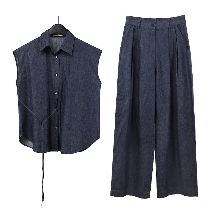 Casual Denim Short Sleeve Shirt and Wide Leg Pants Two Piece Set