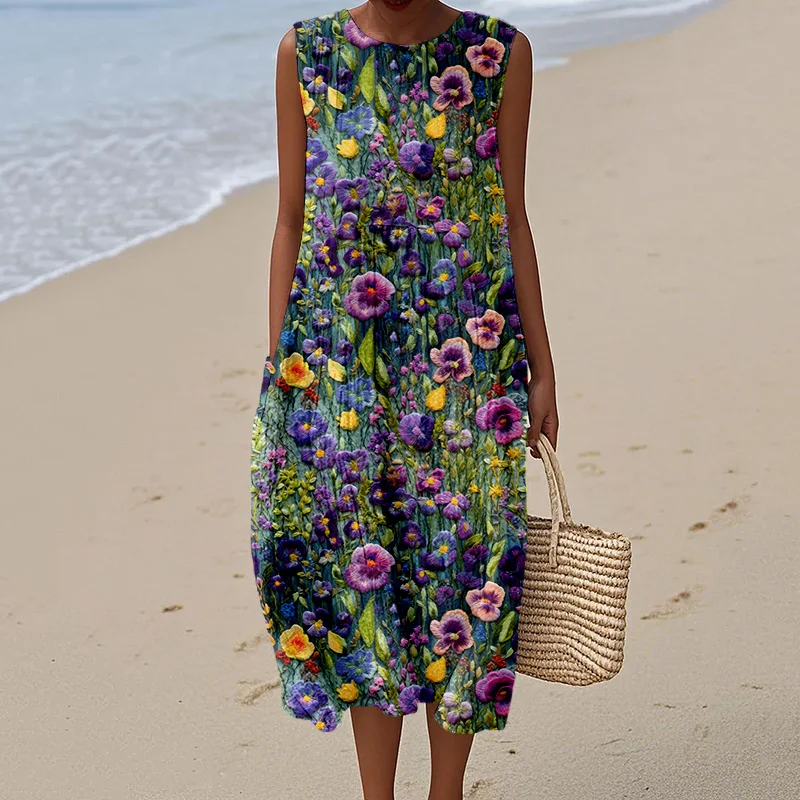 Elegant Violet Wildflower Embroidery Art Linen Tank Dress