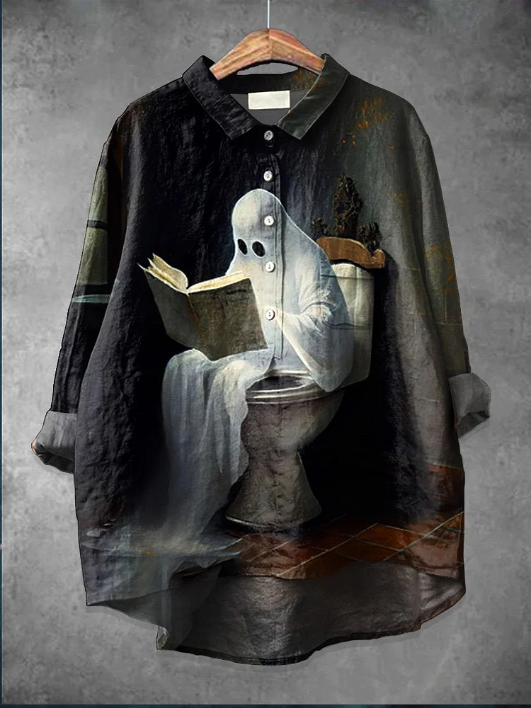 Halloween Ghost Art  Print Casual Cotton And Linen Shirt