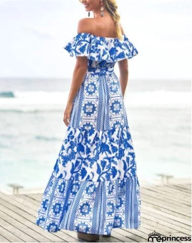 Summer Herringbone Neck High Waist Print Dress