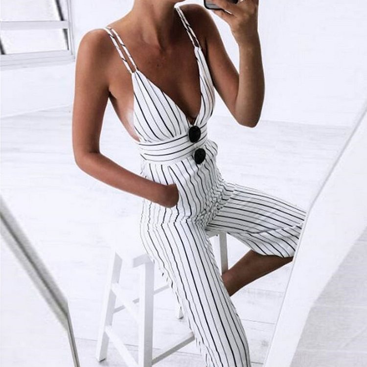 Strappy Spaghetti Strap Striped Plunge High Waisted Jumpsuit Low Back