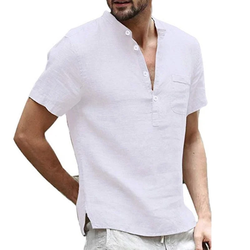 2023 New Men's Slim Fit Linen Shirts Male Solid Color Cotton Linen V-neck Shirts Men Casual Short Sleeves Shirt S-3XL